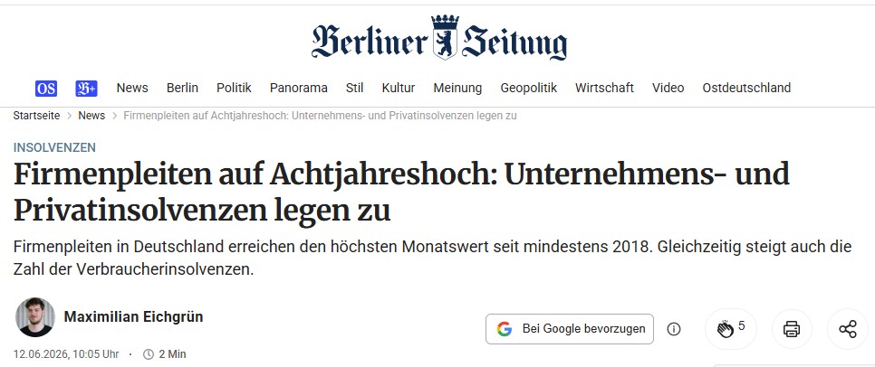 Berliner Zeitung: „Firmenpleiten auf Achtjahreshoch"
