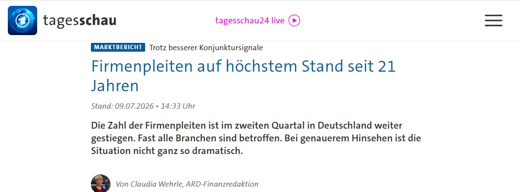 tagesschau: „Firmenpleiten auf höchstem Stand seit 21 Jahren"